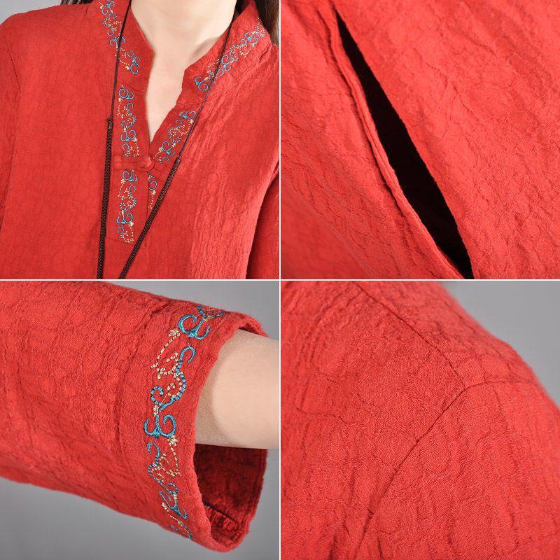 Cotton and Linen Women's Autumn and Winter Pullover V-neck Loose Embroidery Ethnic Style Long Sleeved Linen Medium Length Dress