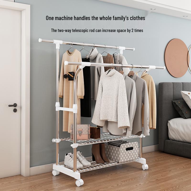 Floor-Standing Double-Rod Mobile Drying Rack, Retractable Stainless Steel Clothes Pole for Home and Balcony