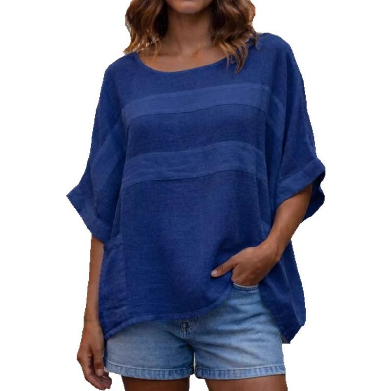 Damenbluse aus Leinenmischgewebe mit Fledermausärmeln, Rundhalsausschnitt, Taschen, lässigem, lockerem Schnitt und Tunika-Oberteil