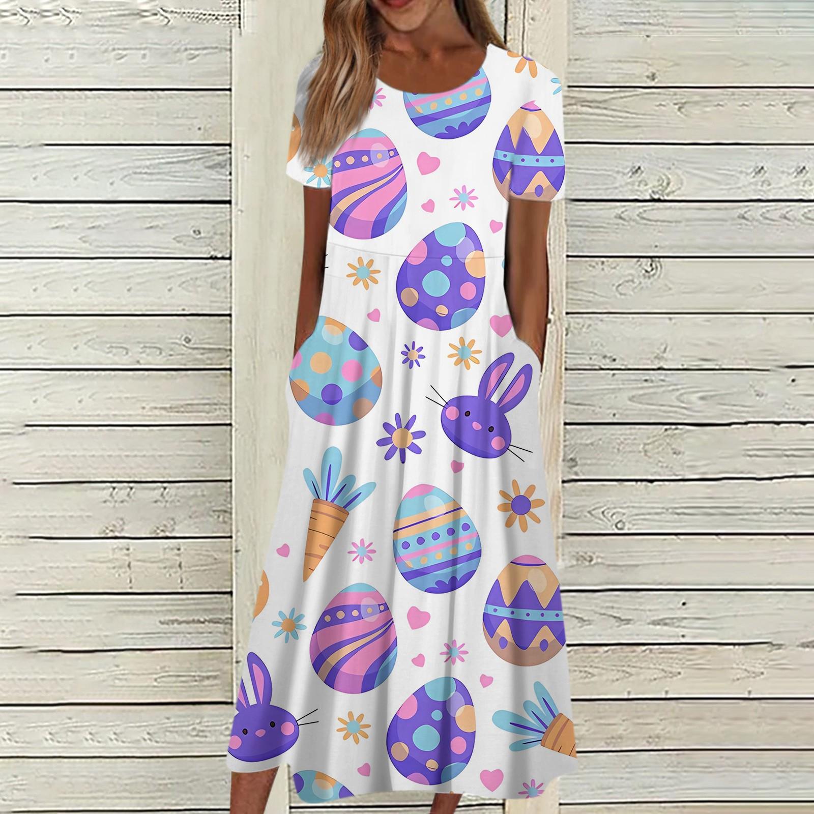 

Женское летнее повседневное модное пасхальное платье с коротким рукавом и карманом с круглым вырезом XXL синий