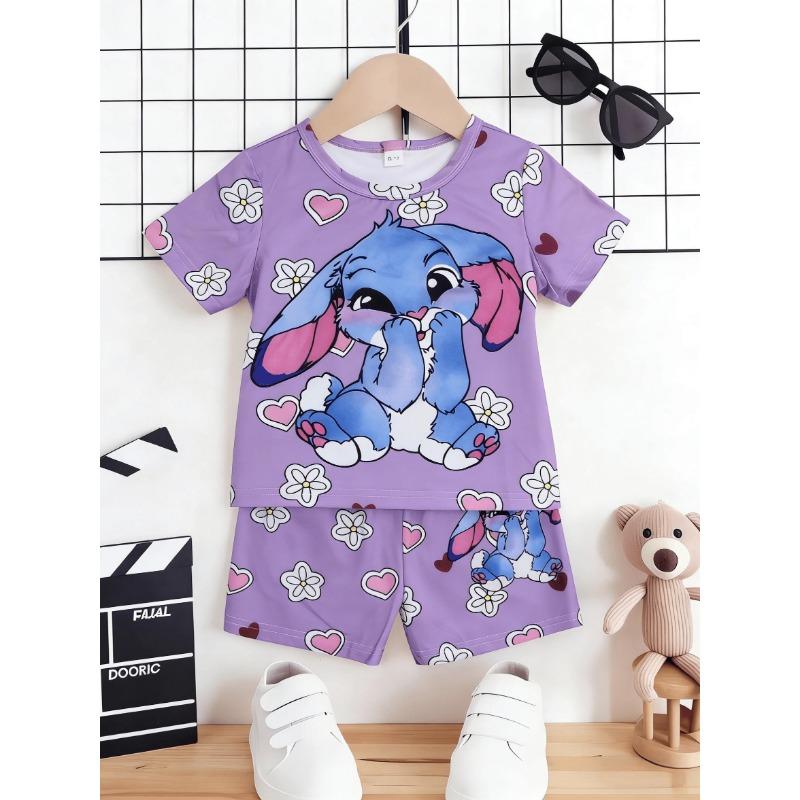

Summer New Arrival Girls Purple Rabbit Love Print Short Sleeve Shorts Set, Perfect for Outdoor 100