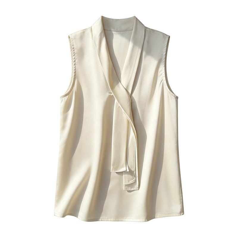 Spring and Summer New Style Smooth V-Neck Ribbon Sleeveless Backless Blouse for Women - Pure Color Pullover Design Top