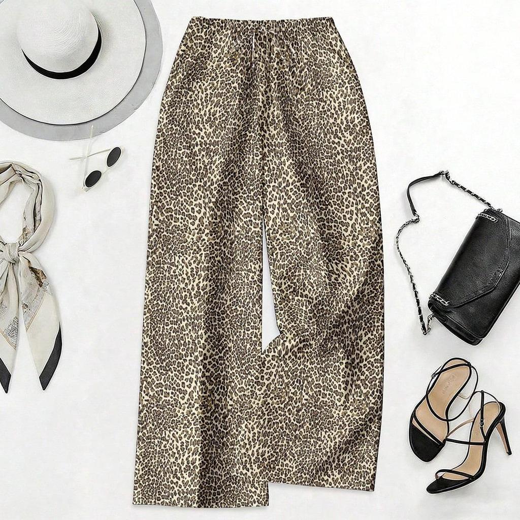 Women's Plus Size High Waist Leopard Print Wide Leg Pants - Summer Casual European American Style