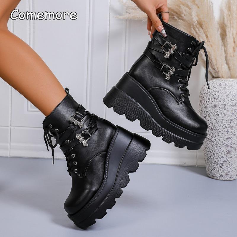 Large Size 35-43 Women's Autumn British Style Platform Wedge Heel Ankle Boots Thick Sole Motorcycle Boots Fashion Shoes Comfort
