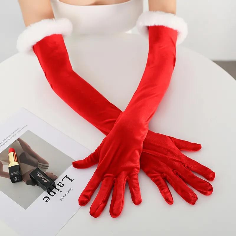 Christmas Plush Party Etiquette Gloves For Autumn And Winter Thickened Warm Velvet Mouth Women'S Long Gloves
