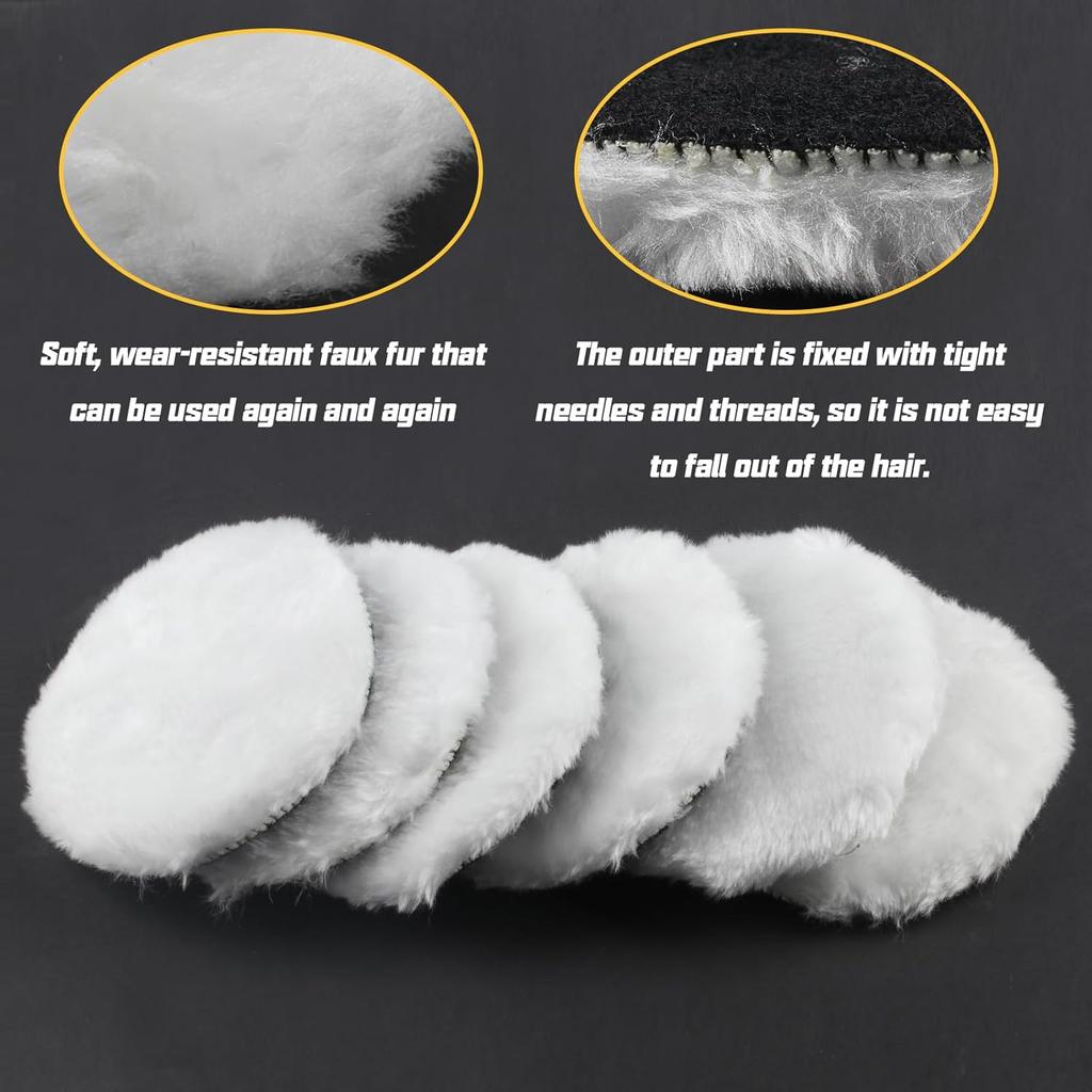 4Inch Wool Polishing Buffing Pads, 6 Pcs, Car Buffer Polisher Kit, Wool Buffing Polisher Wheel, M10 Drill Adapter & Hook And Loop Back