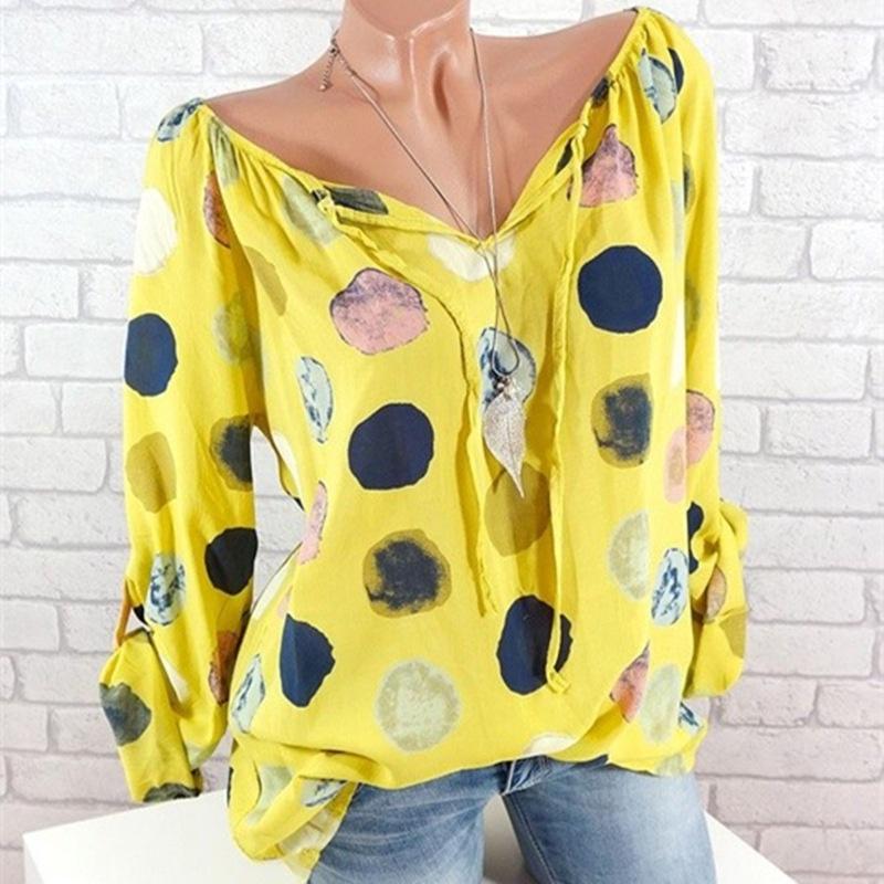 Elegant Women Summer Fashion Long Sleeve Blouse V-neck Stylish Dot Printed Shirts Tops