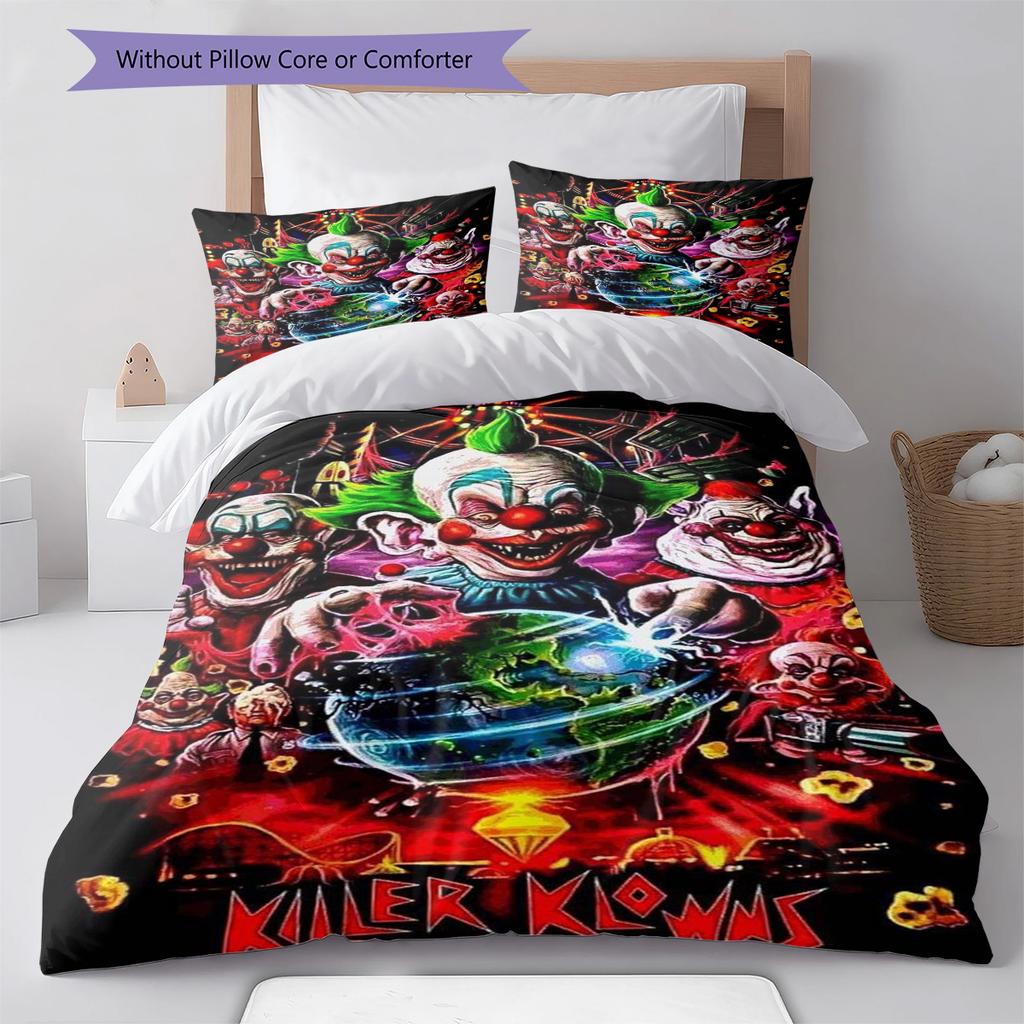 Killer Clown Horror Pattern Bedding Set Quilt Cover Pillowcase Home Decor Gift (1 * Duvet Cover + 2 * Pillowcase, Without Core)