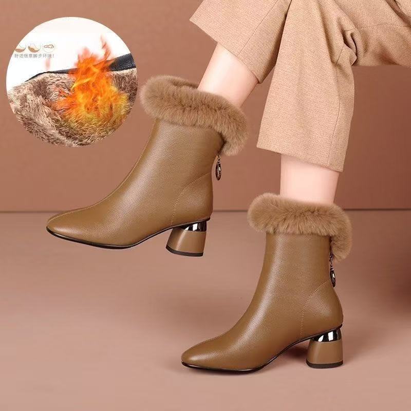 Autumn and Winter New Retro Thick Heel Martin Boots Women's Hairy Mouth Warm Fashion Boots Medium Plush Boots Women