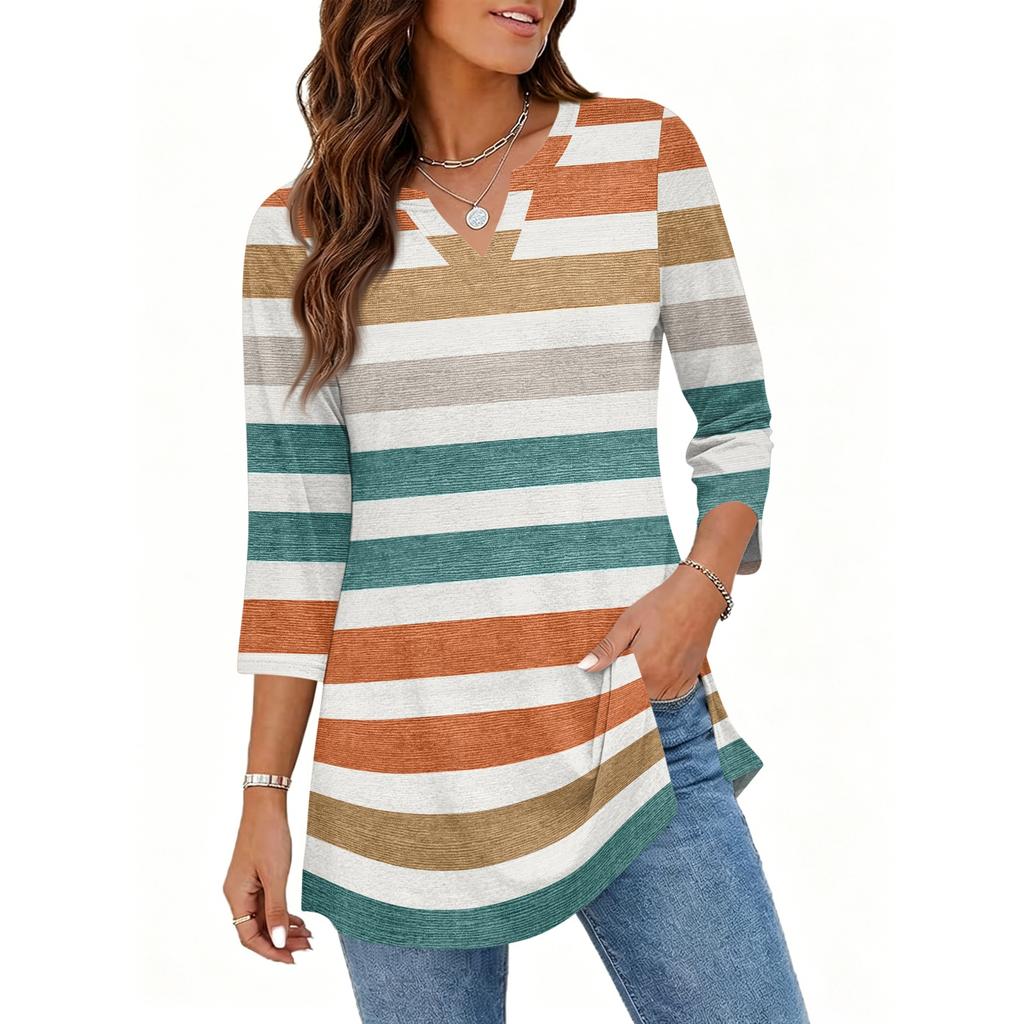 Damen V-Ausschnitt 3/4 Ärmel Pullover Tunika Oberteil mit Streifenmuster Lockerer Schnitt Lässige Mittellange Bluse für den täglichen Gebrauch