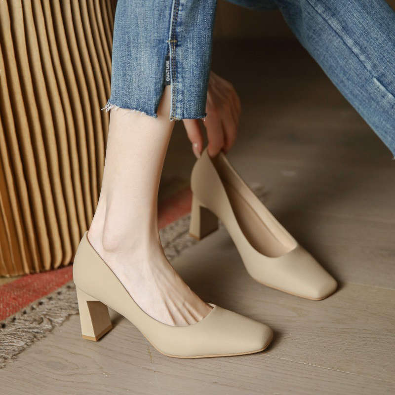Square Head High Heels Women's Thick Heel Nude Commuter Style Professional Simple Soft Leather Shoes Medium Heel Single Shoes Women
