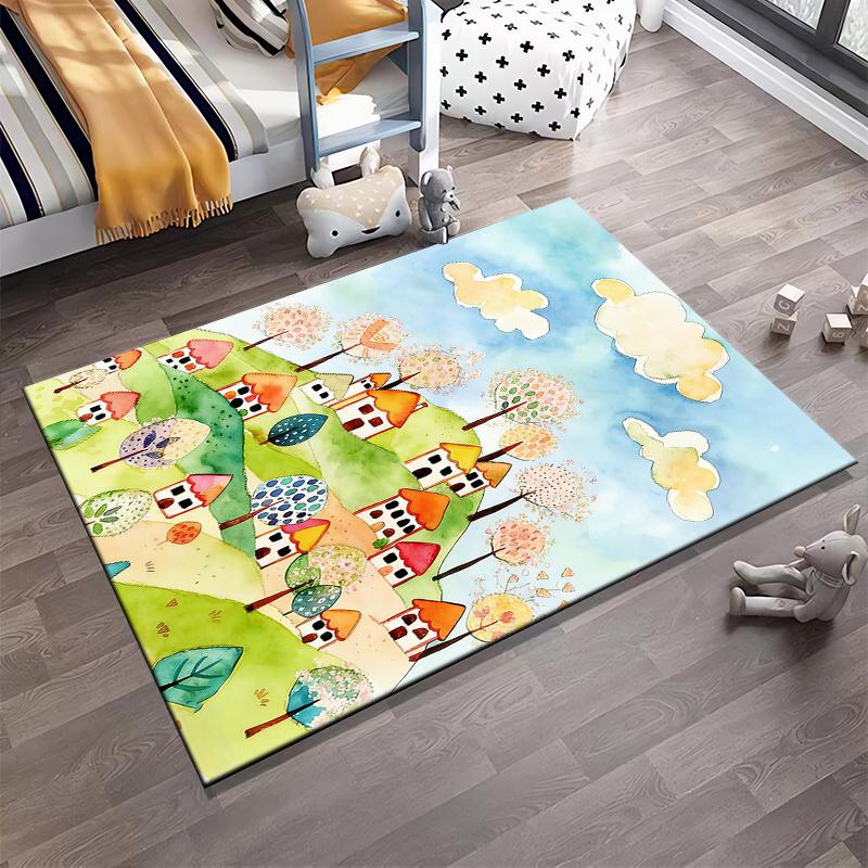 Colorful Cartoon Village Landscape Carpet – Cute Houses and Trees Design Suitable for use as an anti-slip for living room bedroom sofas
