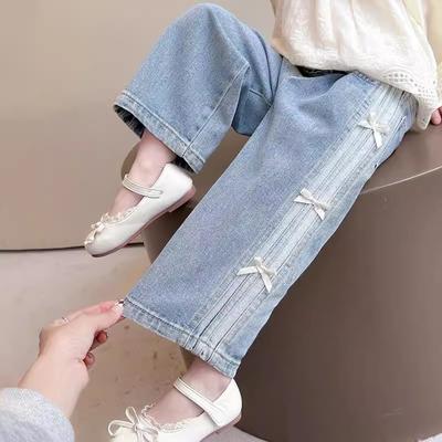 Spring Autumn Baby Girls Bow Jeans Kids Loose Long Pants Children's Straight Wide-leg Trousers Toddler Casual Clothing