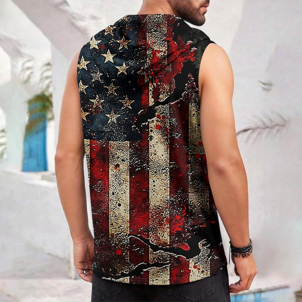 Men's Sleeveless Hoodie Casual Tank Top Patriotic Print Athletic Fit Pullover Lightweight Summer Muscle Shirt with Hood