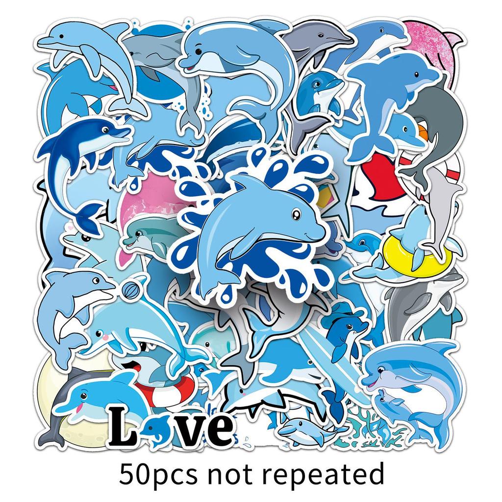 Dolphin & Marine Life Cartoon Stickers - Waterproof Decoration for Cups, Journals, and Luggage (50 Pieces)
