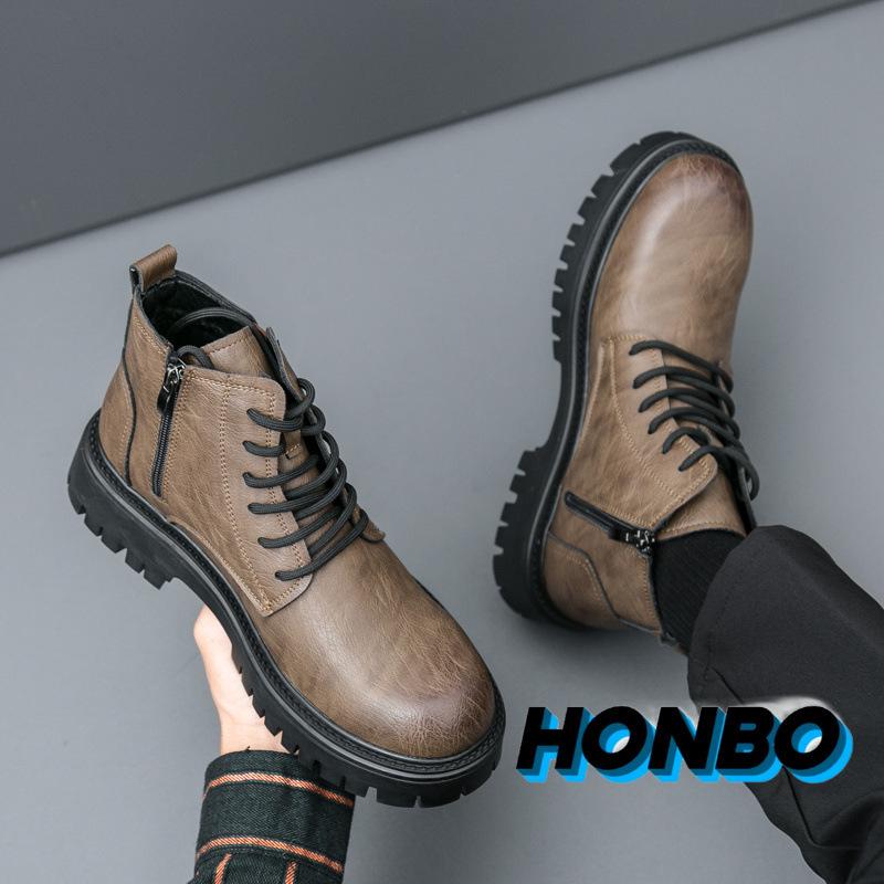 

HONBO Men s Mid-Cut Martin Boots, Cowhide Leather, Breathable, Soft Sole, Velvet-Lined for Autumn and Winter. Size 40 чёрный