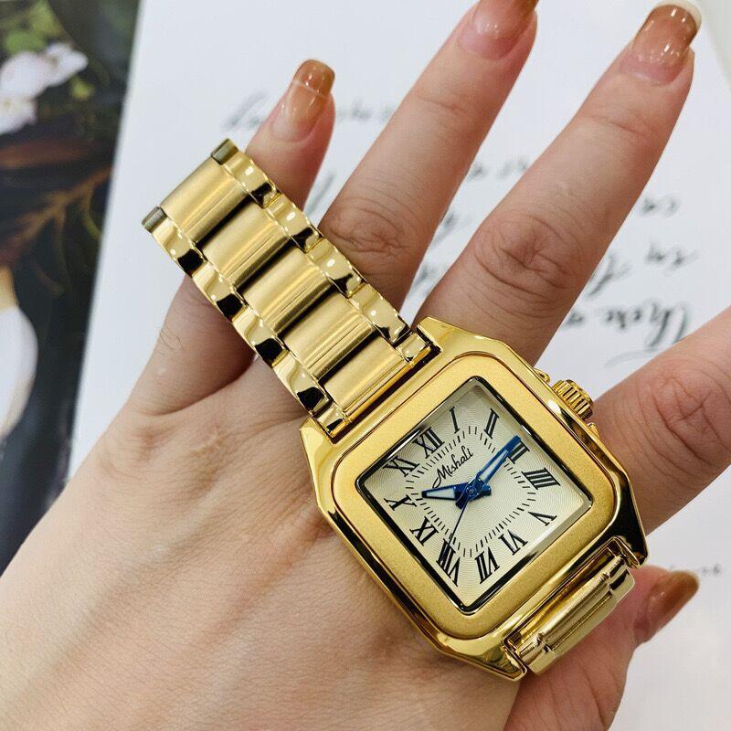 Orologio da Donna Oro Acciaio Massiccio Cinturino Quadrato Romano Impermeabile Orologio al Quarzo di Fascia Alta