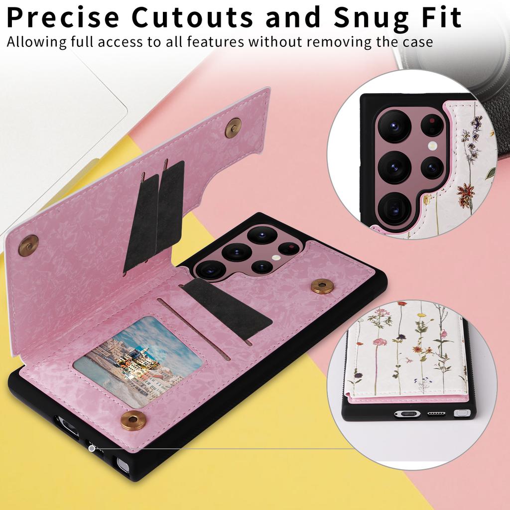 For Samsung Galaxy S22 Ultra 5G Phone Case Kickstand Flower Leather Coated TPU Cover