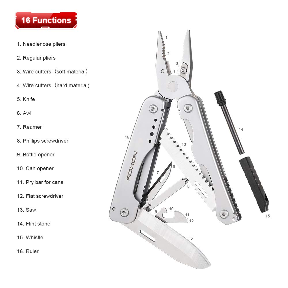 ROXON S803 Flash 16-in-1 Multitool, Multifunktionszange, Klappmesser, Multi-Zange, mit Feuerstarterstab, für Outdoor-DIY, Bergsteigen,