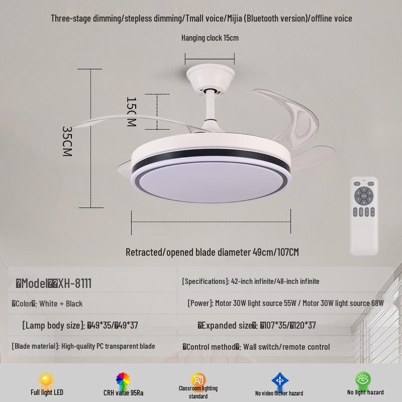 Invisible Silent Variable Frequency Ceiling Fan with Light for Living Room or Bedroom