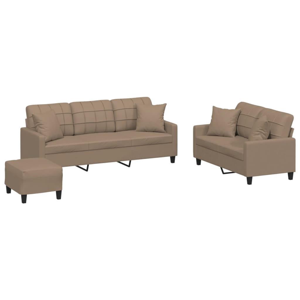 Vidaxl 3-Cz. Living Room Set with Cushions, Cappuccino, Eco-Leather