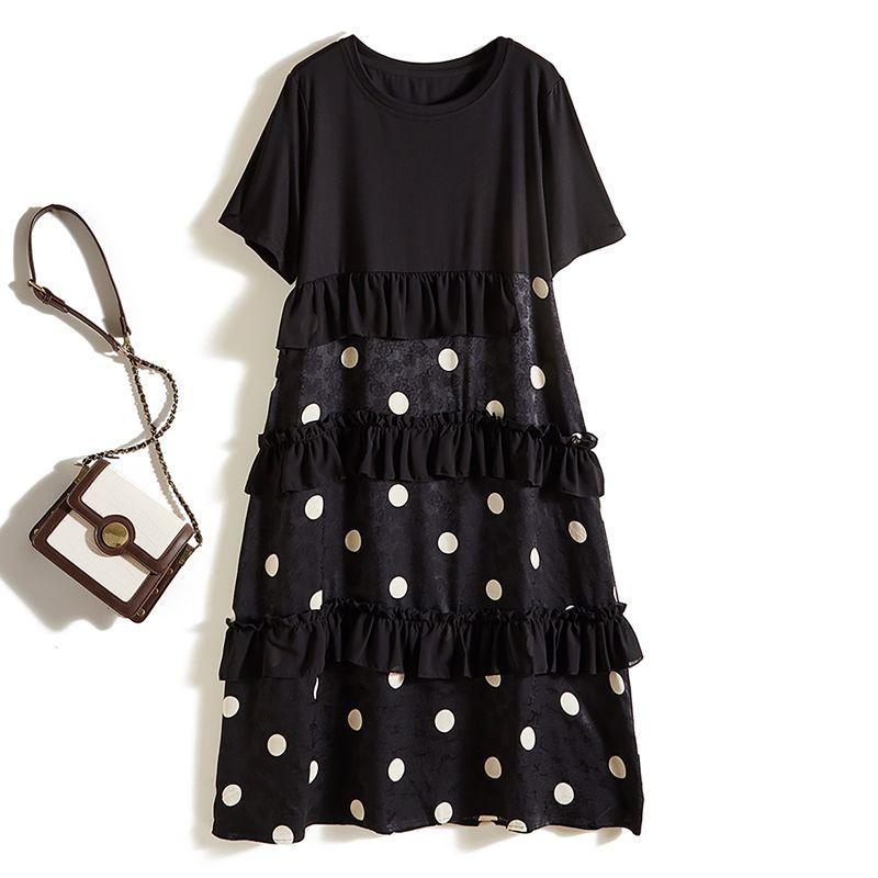 

France Foreign Trade Order! Irregular Patchwork Polka Dot Princess Fan Women More than Summer Fabric Patchwork Tassel Length Dress Black 4XL