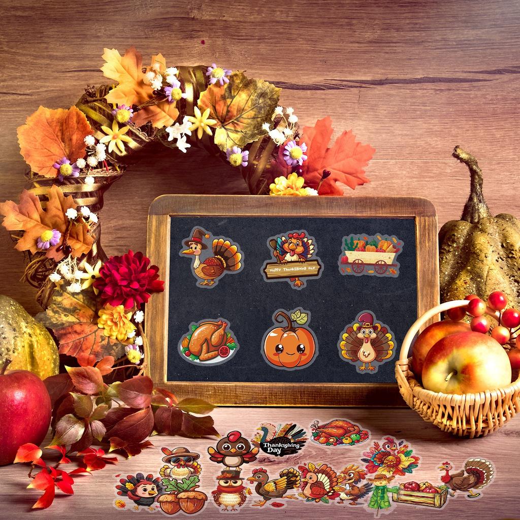 50 Thanksgiving PET Transparent Waterproof Cartoon Stickers Autumn Harvest Festival Celebration Pumpkin Turkey DIY Stickers