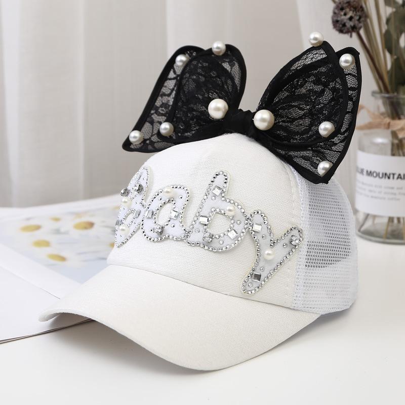 Children Big Bow cartoon Baseball Cap Cute Girls Pearl Snapback caps Sun Caps Mesh Rabbit Ear UV Protection Summer Hats boy