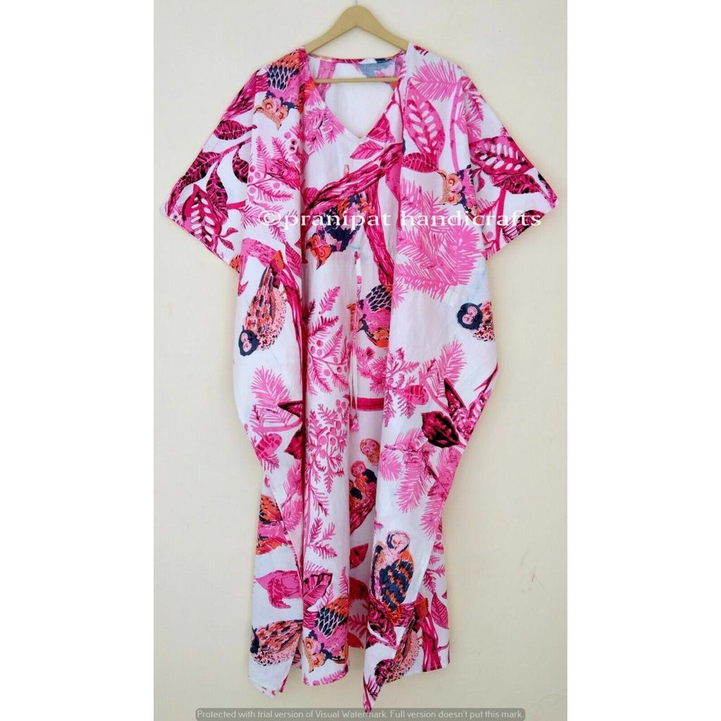 Indisch Rosa Lang Eulen-Print Baumwolle Übergröße Maxi Damen Überwurf Kaftan Kleid CKFTN-SCRN-FULL-BUYIT-057