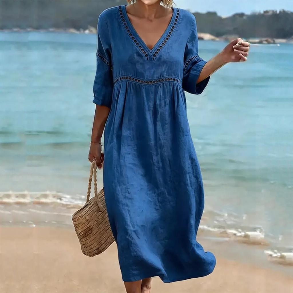 Women's Fashionable Casual V-Neck -Color Beach Dress: Loose-Fitting Openwork Dress