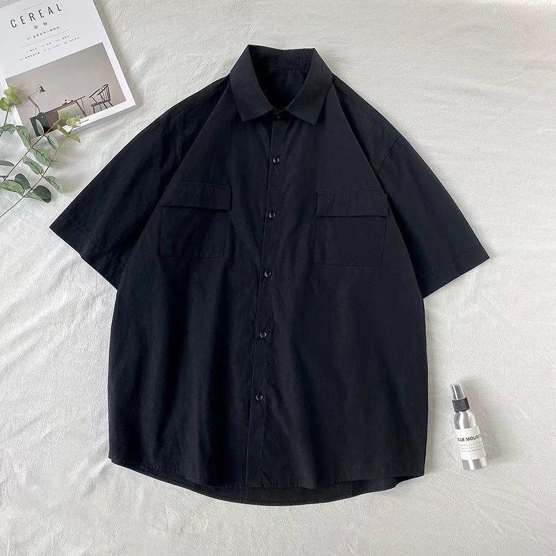 Solid Color Short Sleeve Shirt, Unisex Summer Korean Style Cool Workwear Top Trendy Loose Fit Shirt Jacket
