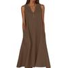 Women's Summer Casual V-neck Button Solid Color Sleeveless Long Dress With Pockets