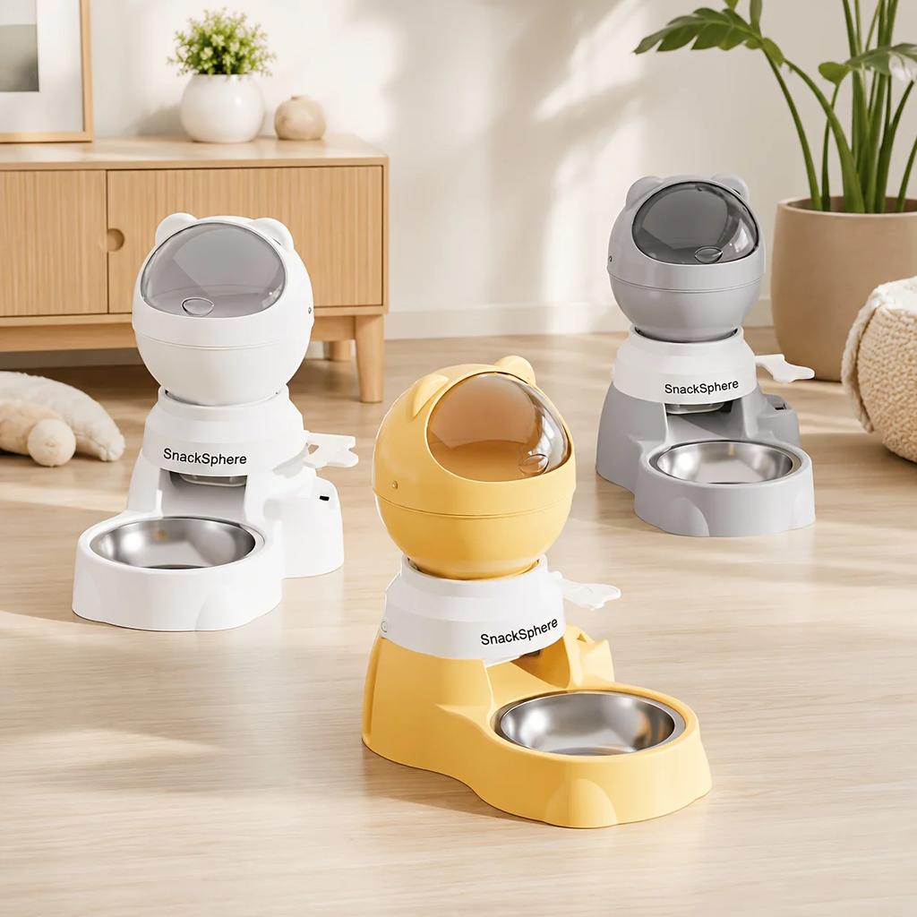 Press Type Automatic Pet Feeder Large Capacity 2pcs Set With Stainless Steel Bowl Space Interactive Feeder Plastic For Cats Dogs