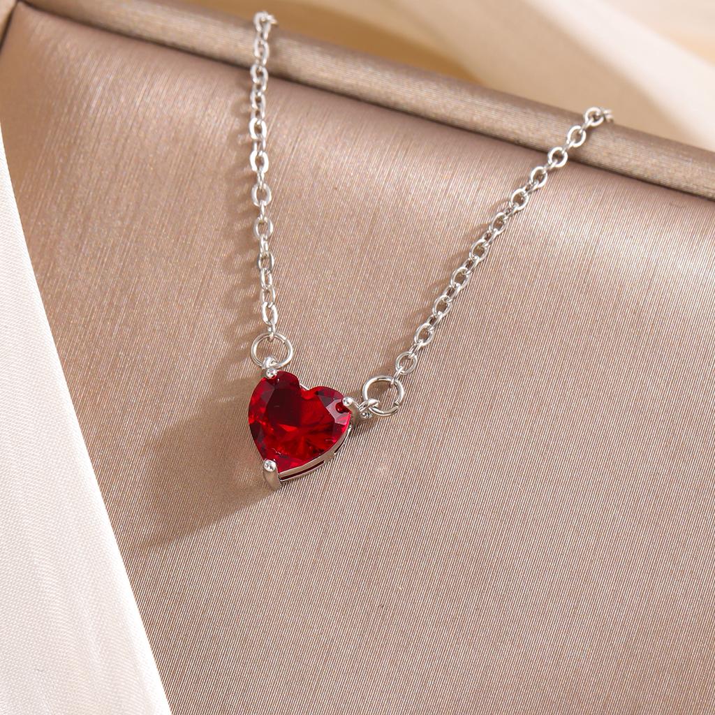 Red Peach Fashion Heart Love Crystal 925 Sterling Silver Clavicle Chain Pendant Necklaces