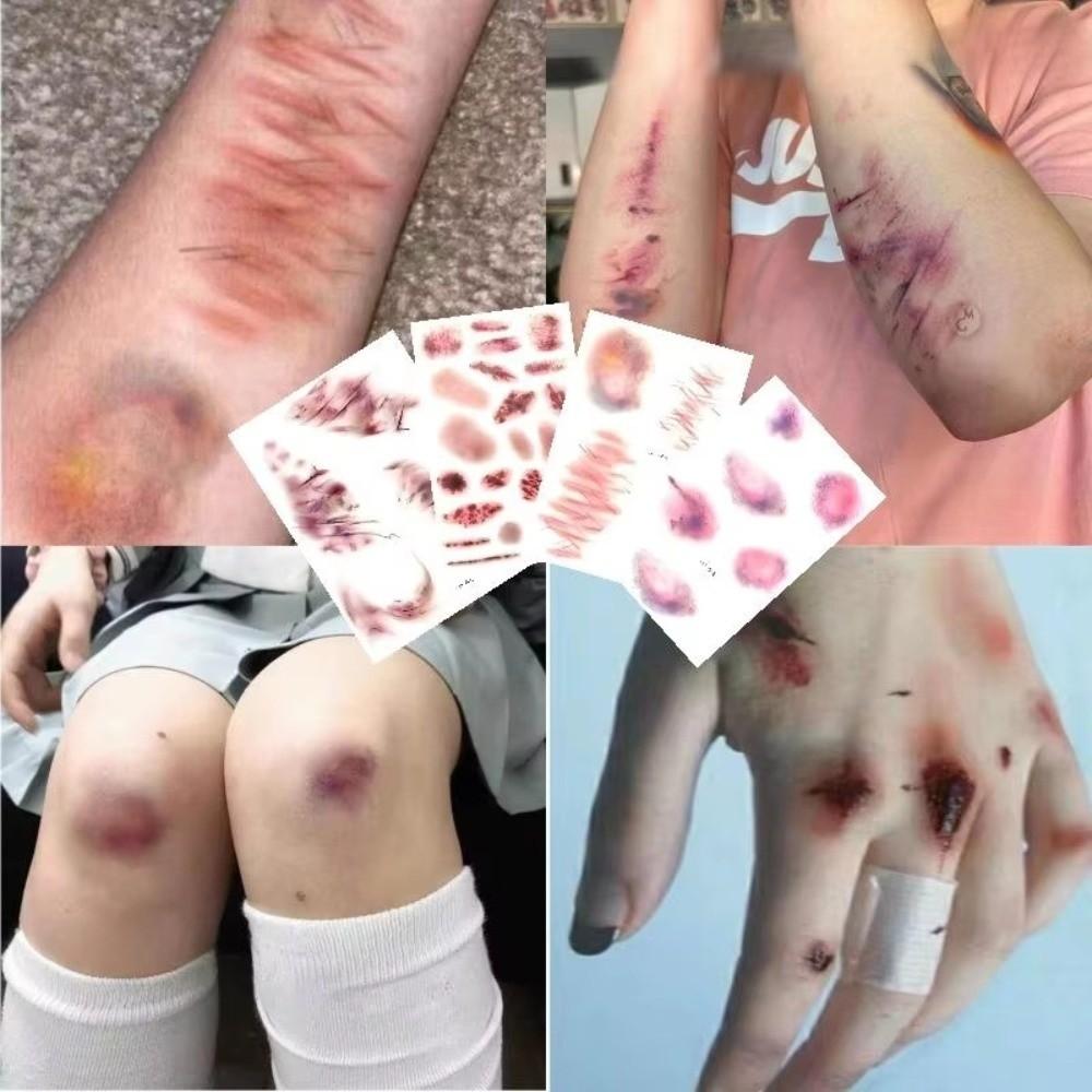 4Sheets Realistic Wound Bruising Tattoo Decals Waterproof Simulated Scar Tattoo Stickers Cosplay