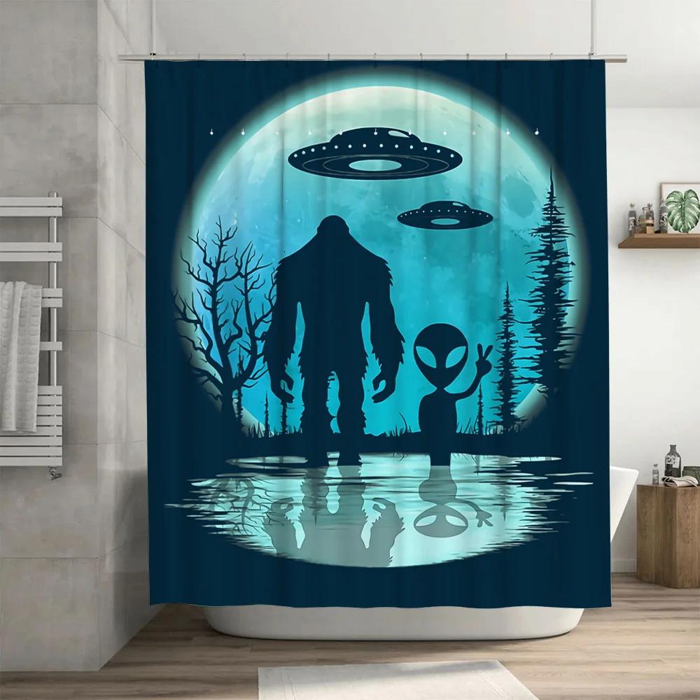 Spooky Alien Shower Curtain Set: Moonlit Forest UFO Invasion Scene for Home Decor Bathroom Accessories Blue Black Design