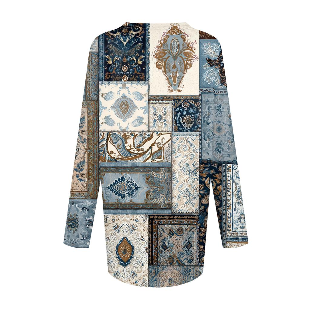 Modieuze casual damestop met lange mouwen, retroprint, V-hals en middellange lengte