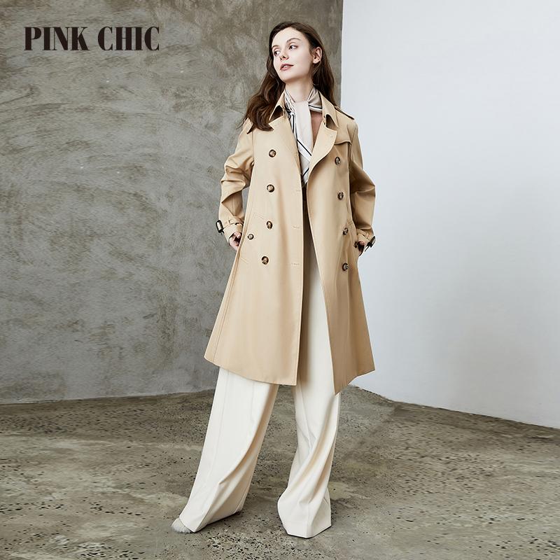 Różowy szykowny nowa wiosna jesień wiatrówka średniej długości kołnierz z klapami kobiety dwurzędowy pas biodrowy płaszcz w stylu retro Grace Trench 667