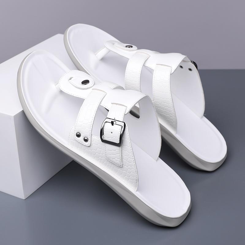 Men Black Leather Slippers Simple Flats Summer White Flip Flops Outdoor Sandals Blue Open Toe Beach Shoes Plus Size