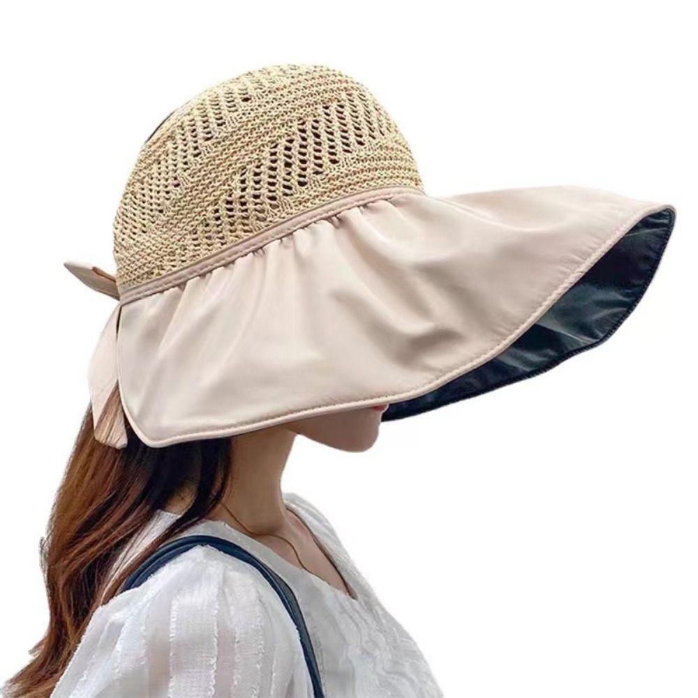 

Wide Brim Cap Summer Women Bucket Hat UV Protection Hollow Knitted Sun Hats Large-brim Hat бежевый