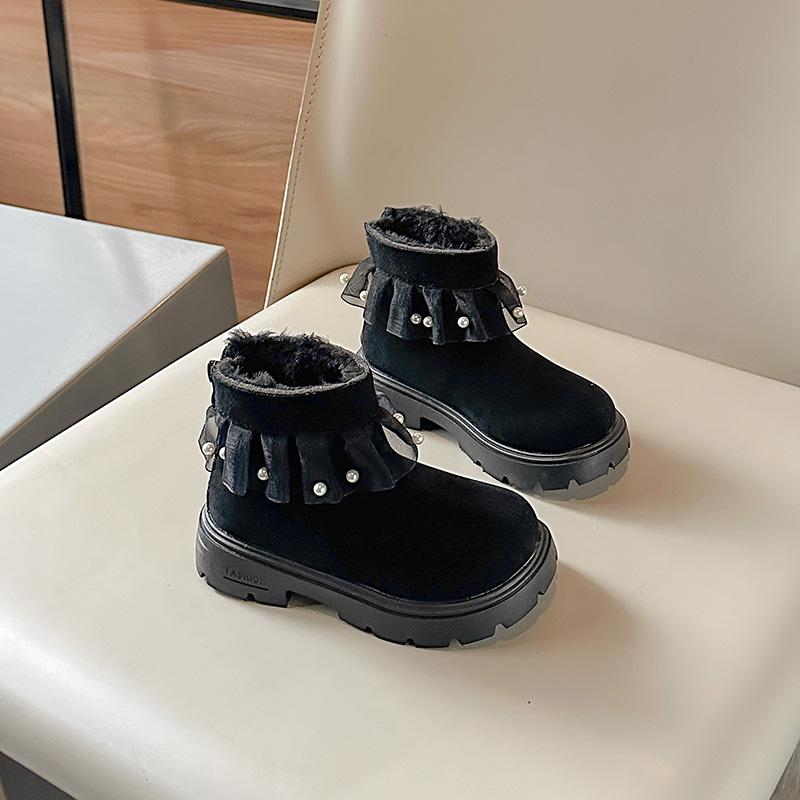 Winter Girls' Boots Sweet Versatile Children Princess Ankle Boots Chic Lace Ruffled Edge Kids Causal Cotton Boots Thick Bottom