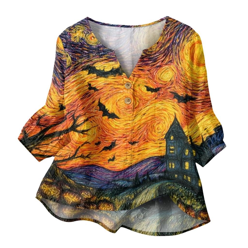 Women's Casual V Neck Button Front Three Quarter Sleeve T Shirt Halloween Print Lightweight Blouse for Everyday Wear and Seasonal Outfits
