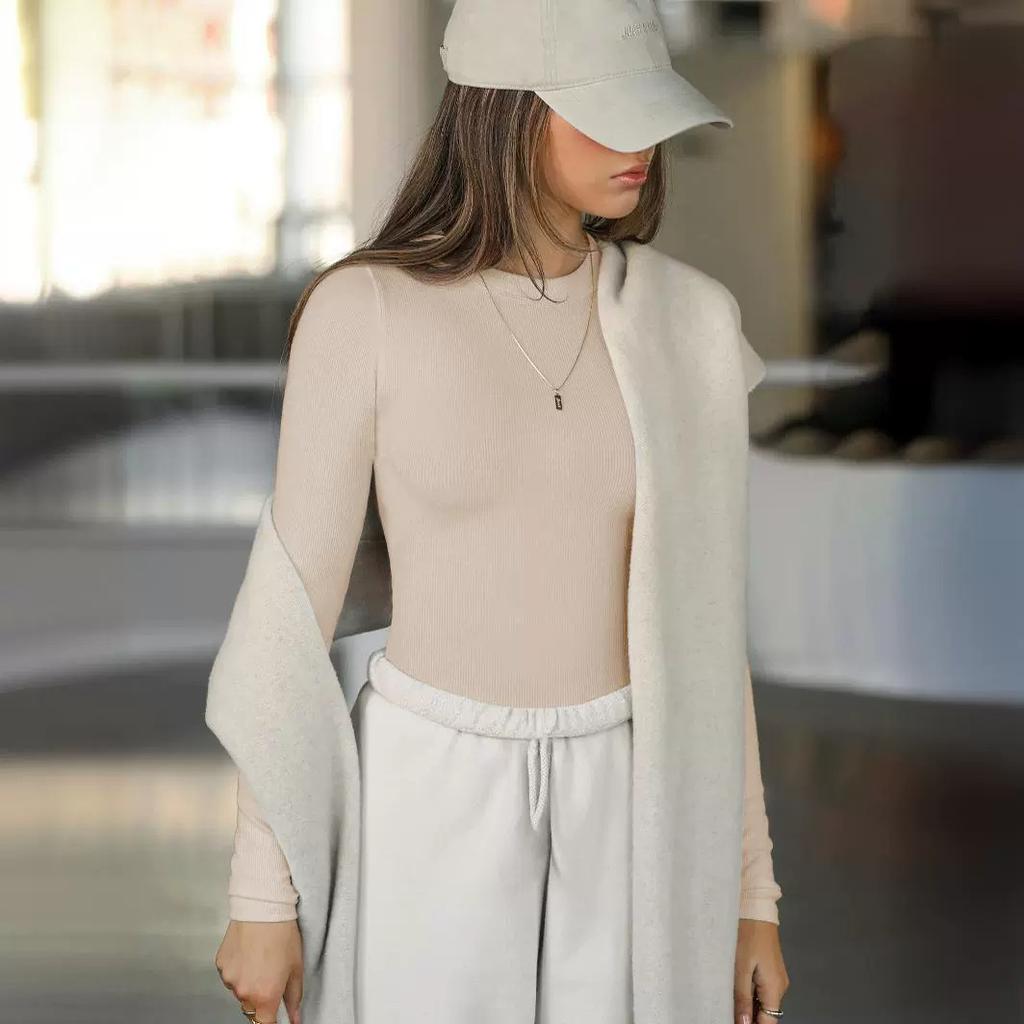 Y2K Kleidung Gewinde Rundhals Langarm frauen Unten Äußere Schlank Positive Schulter Spice Girl Tops