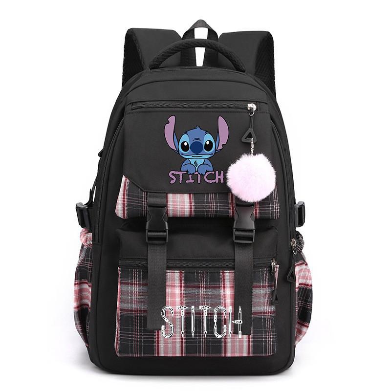Cute Girl Backpack For School With Stitch Print And Checkered Patchwork Design For Middle School Students