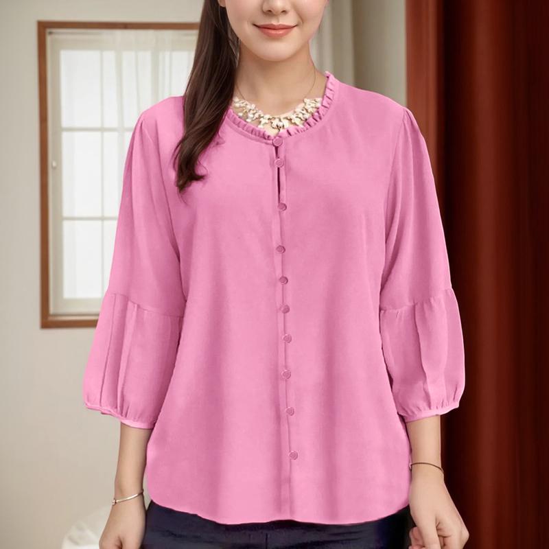 ZANZEA Women Casual Round Neck Solid Color 3/4 Sleeve Loose Blouse