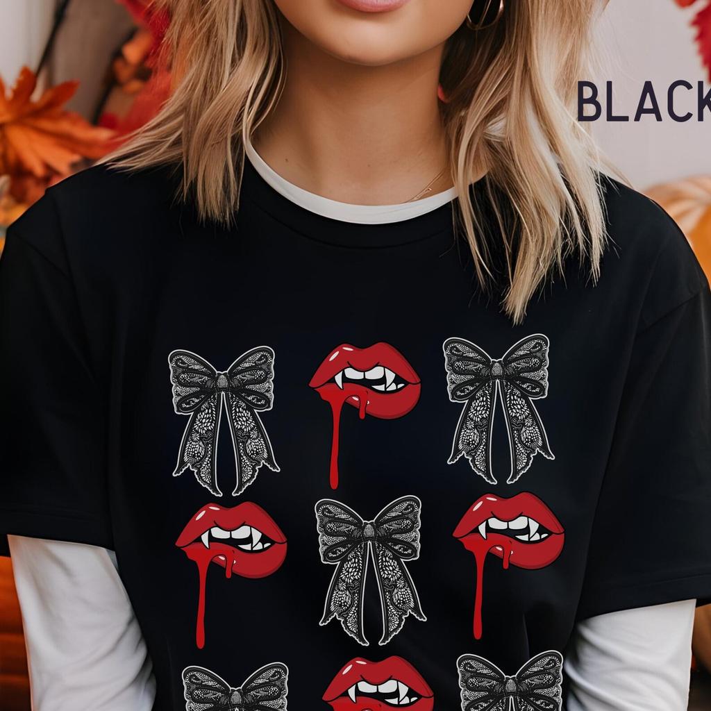 Vampire Kiss T-Shirt, Black Lacy Bows, Halloween Coquette Tee