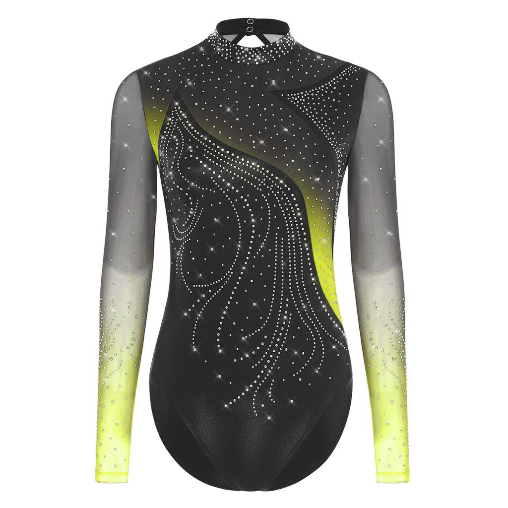 Womens Figure Skating Leotard Rhinestone Long Sleeve Hollow Out Design Ballet Gymnastic Training Bodysuit