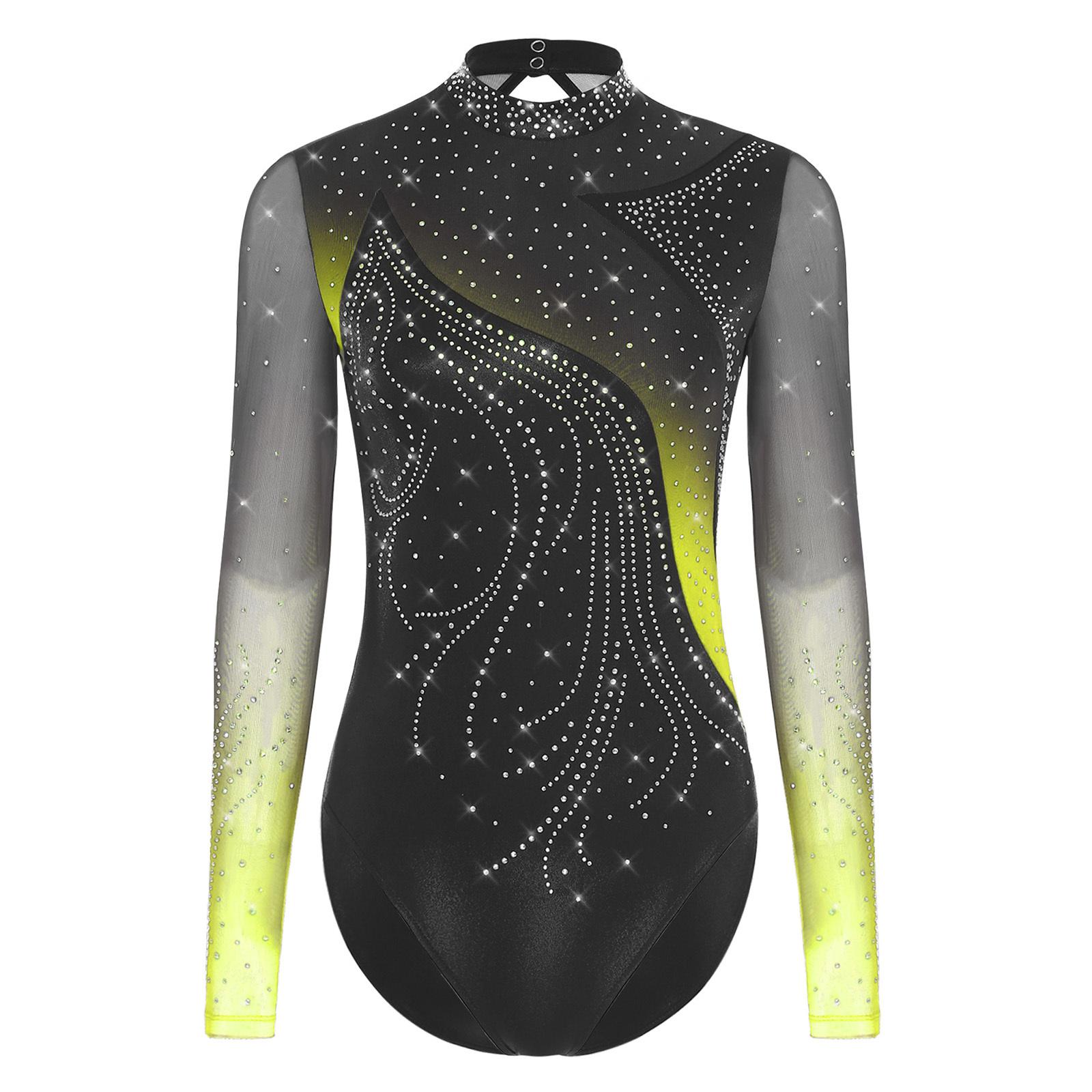 

Жіночий купальник для фігурного катання зі стразами, з довгим рукавом, з вирізом, для балету, гімнастики, тренувань S