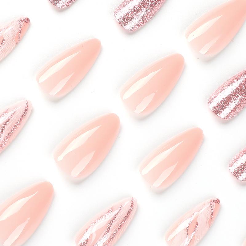 Wearable Gentle Nude Pink Glitter Nail Tips - Finished Nail Art Patches/Fake Nails