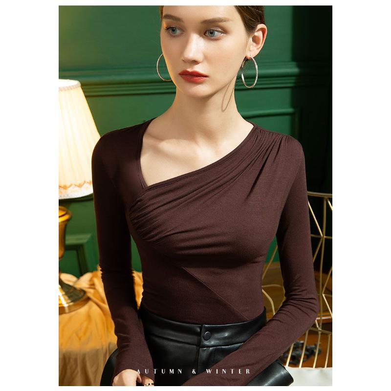 New Slanted Collar Base Shirt for Women In Autumn Clothes for Women Slim Fit Pleated Fashionable Long Sleeves